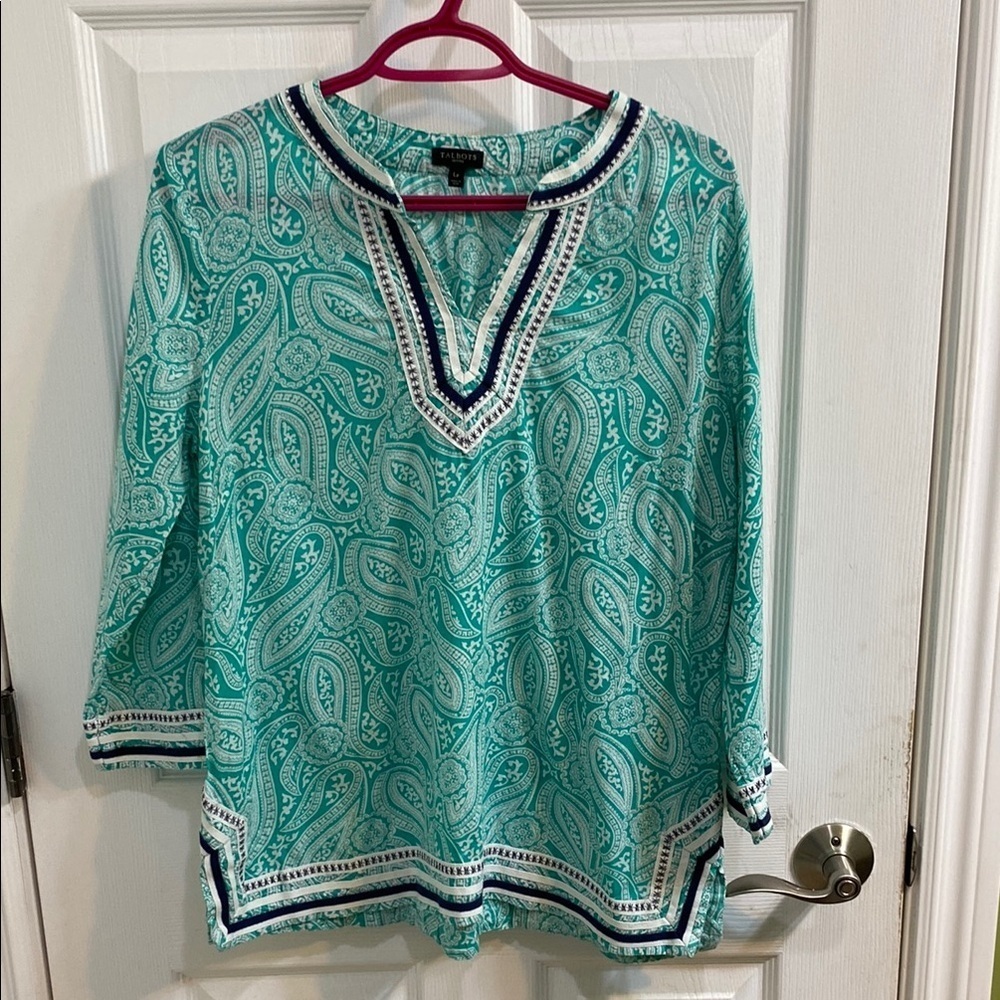 Talbots Petites Tunic Shirt Popover Teal White Womens Large Beach Summer Resort
